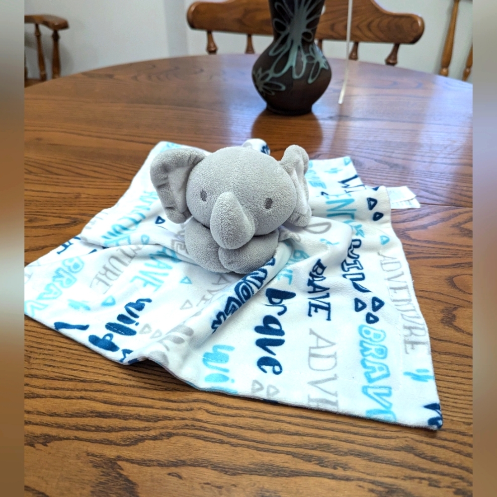 Baby essentials. Gray Elephant Plush with Blue, Gray and White Lovey